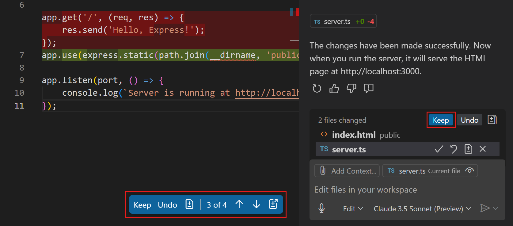 Screenshot of the Chat view, highlighting the Keep button to apply the changes and the editor overlay controls.